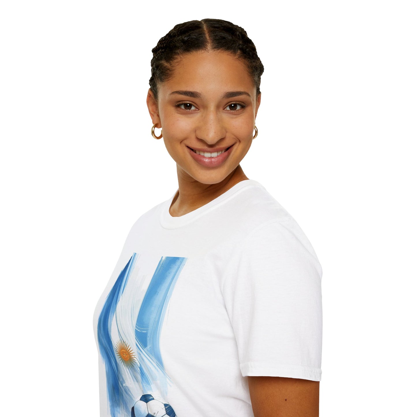 Argentina Flag Soccer T-Shirt — Watercolor Sun & Ball Design Tee