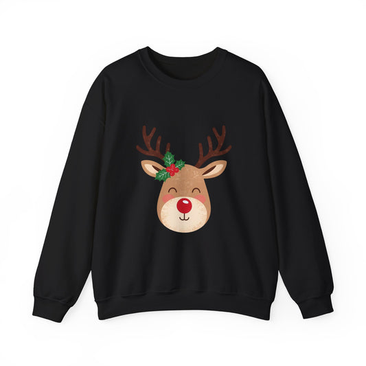 Black sweatshirt with a reindeer face design on a white background