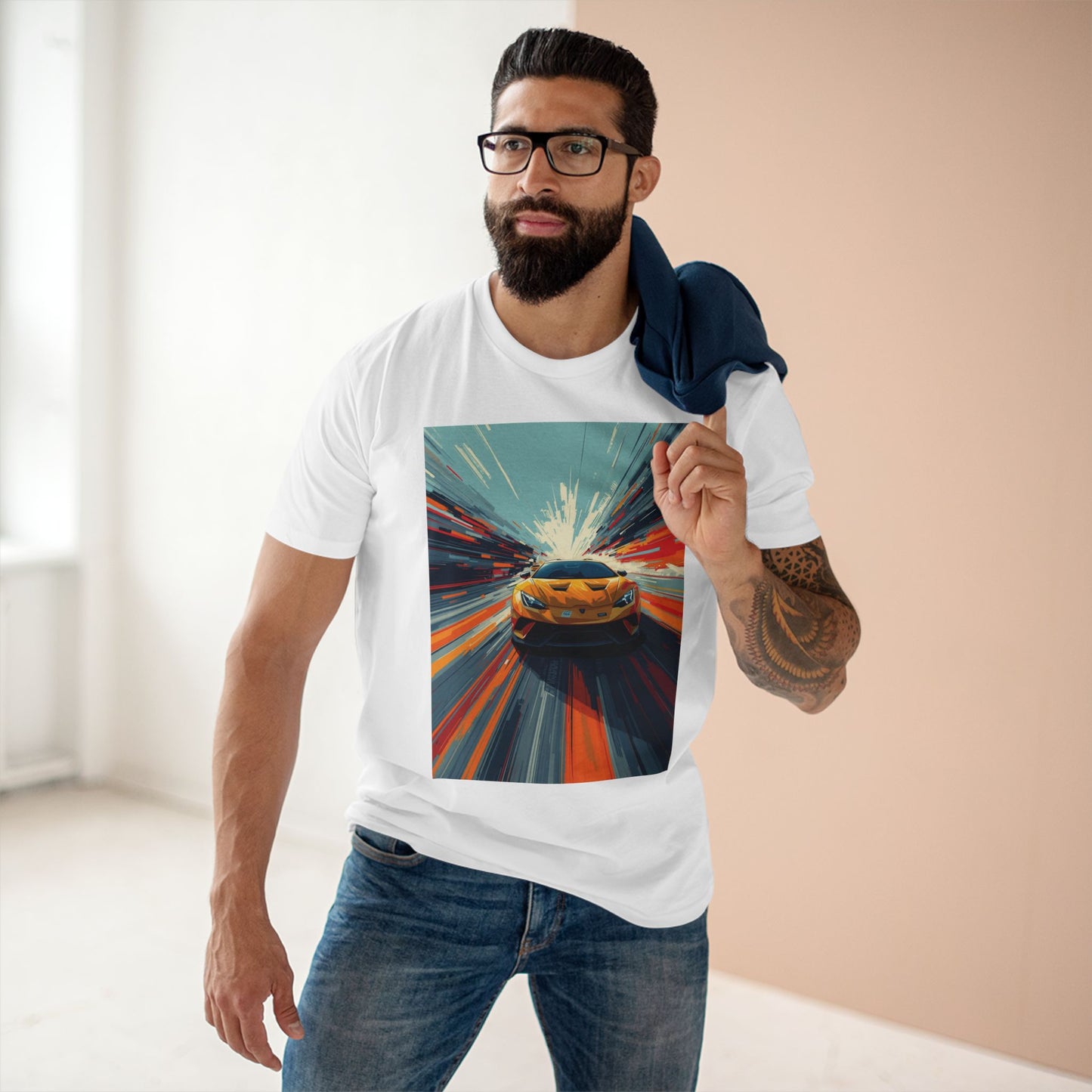 Man wearing a white t-shirt with a graphic of a car in a tunnel.