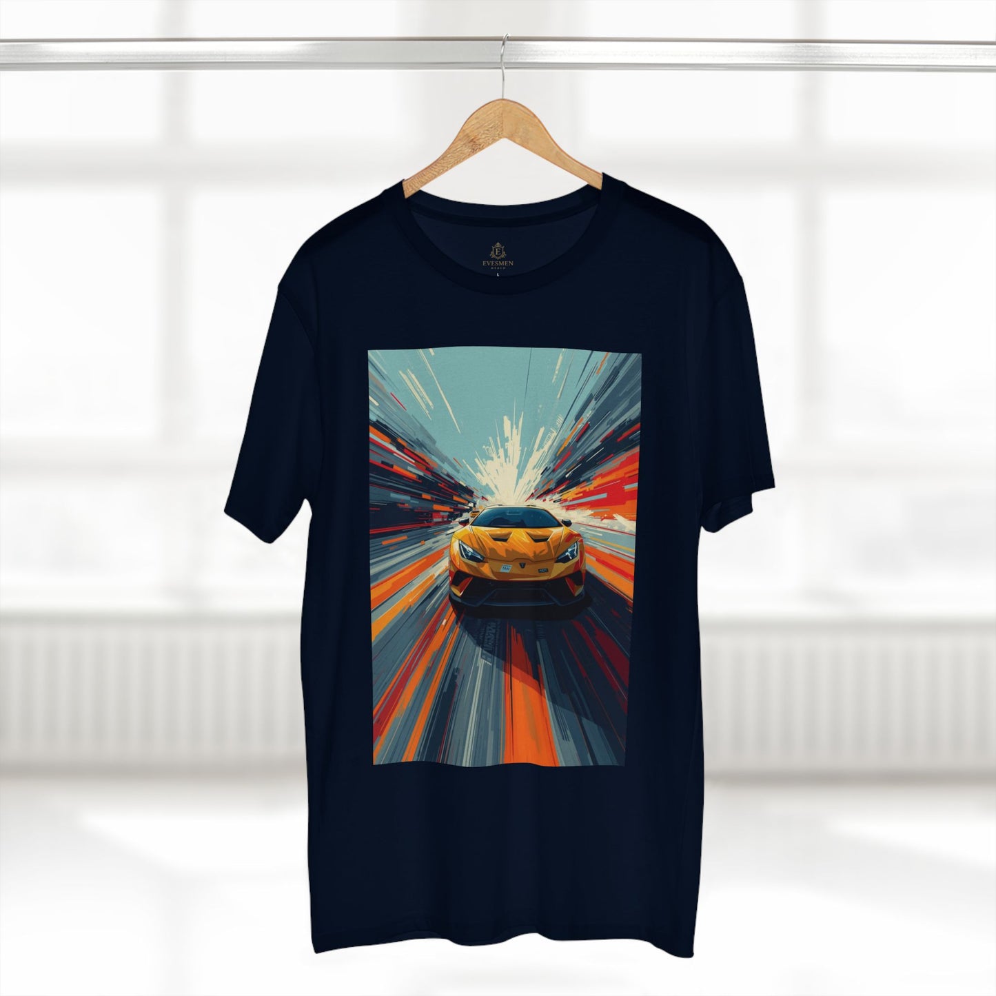 Black t-shirt with a colorful car graphic on a hanger against a white background