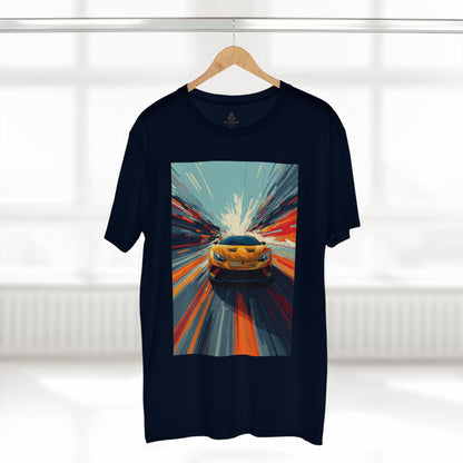 Black t-shirt with a colorful car graphic on a hanger against a white background