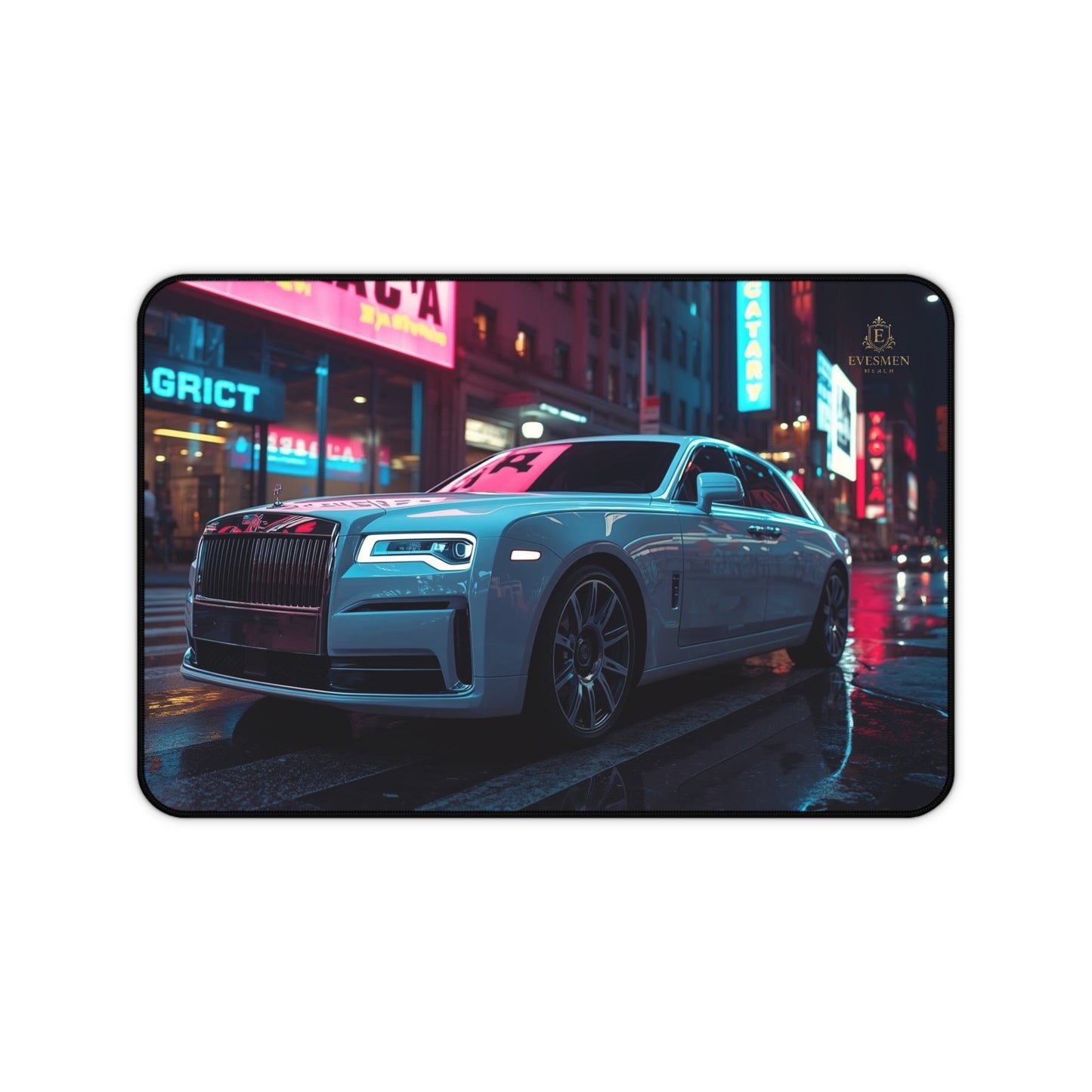 Mouse pad with a luxury car design on a city street at night.