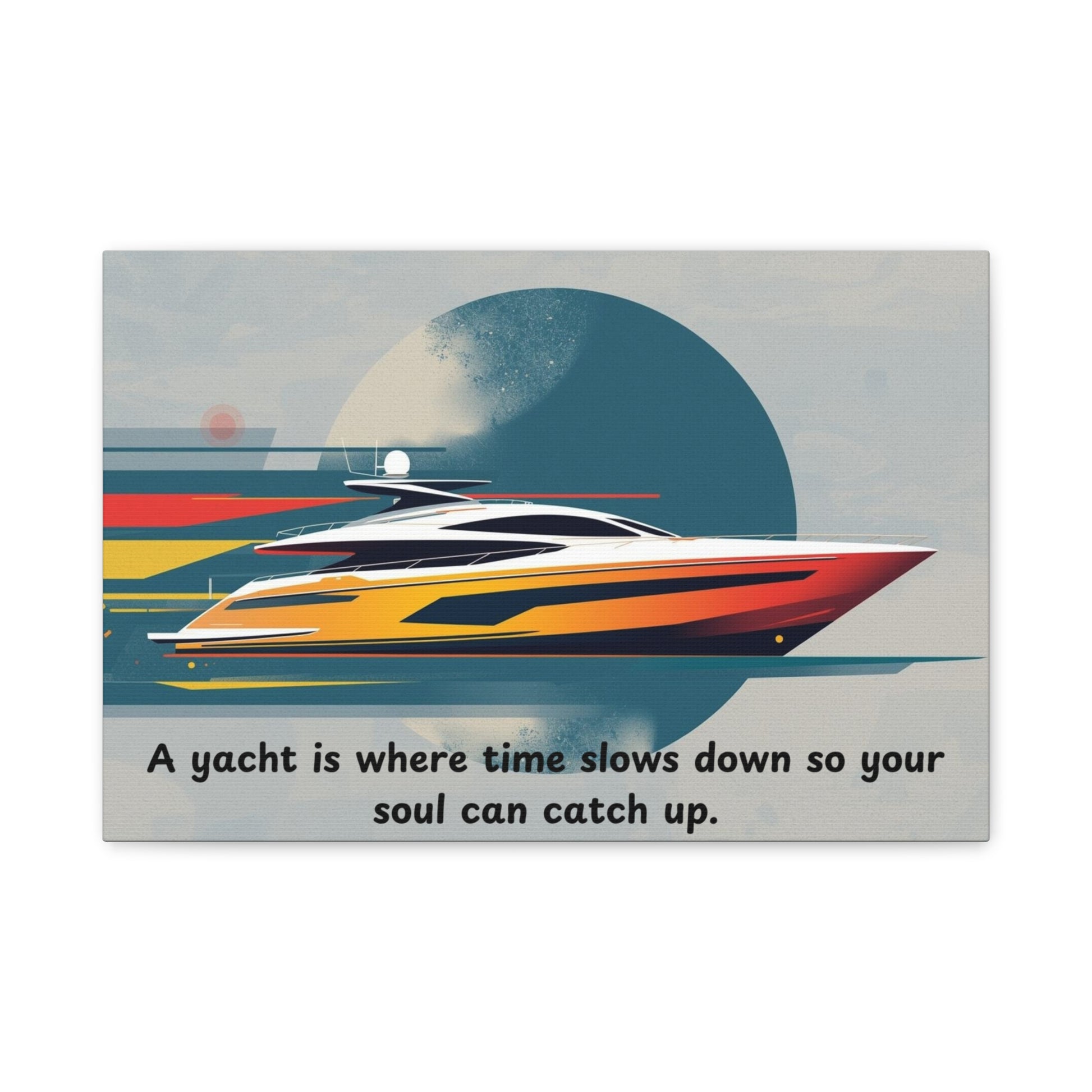 Canvas wall art of a yacht with a motivational quote on a gray background