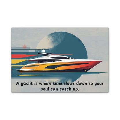 Canvas wall art of a yacht with a motivational quote on a gray background