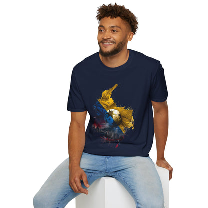 Colombia Map Skyline Football T-Shirt — Watercolor Grunge Soccer Design Tee