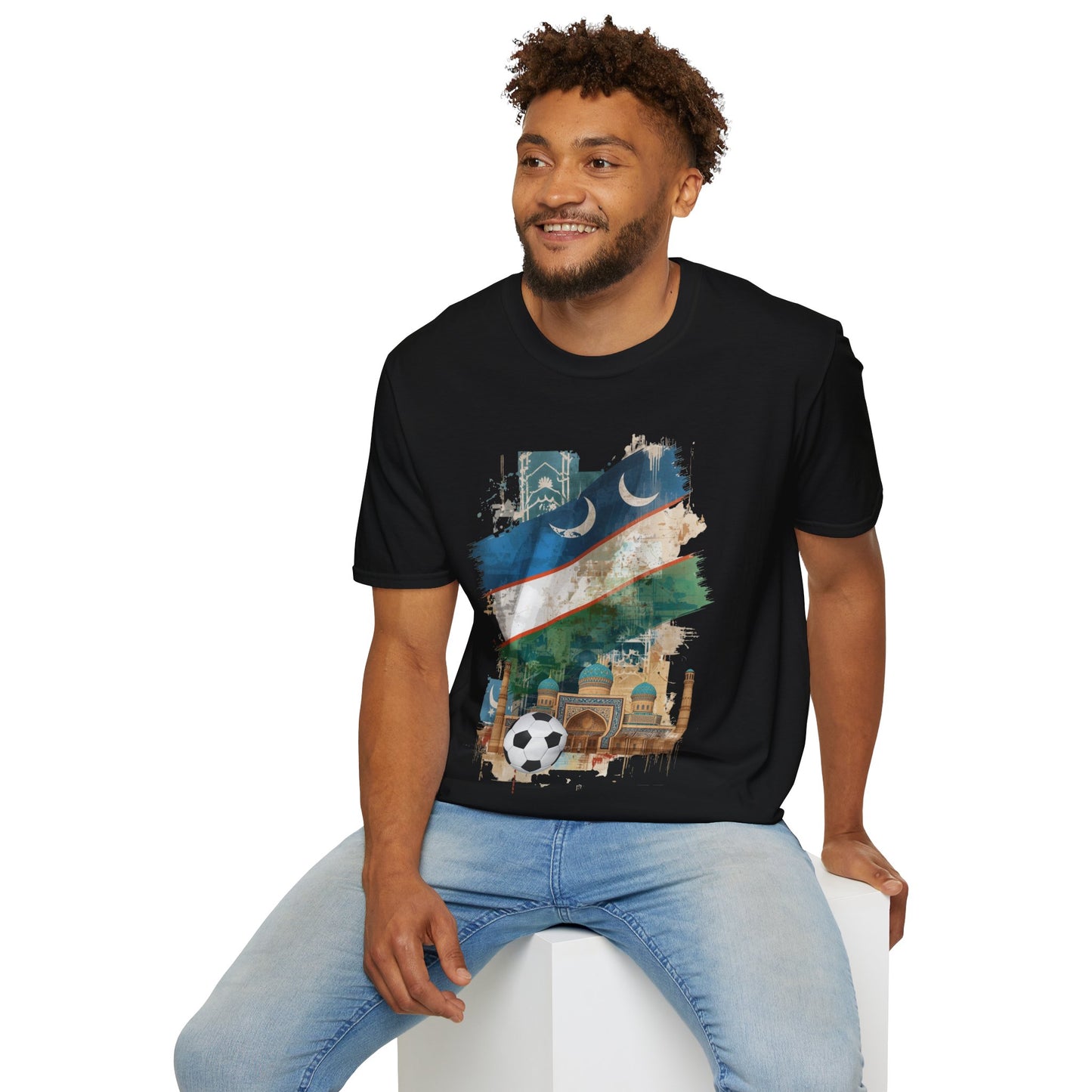 Uzbekistan Flag Soccer T-Shirt — Crescent Emblem & Landmark Design Tee