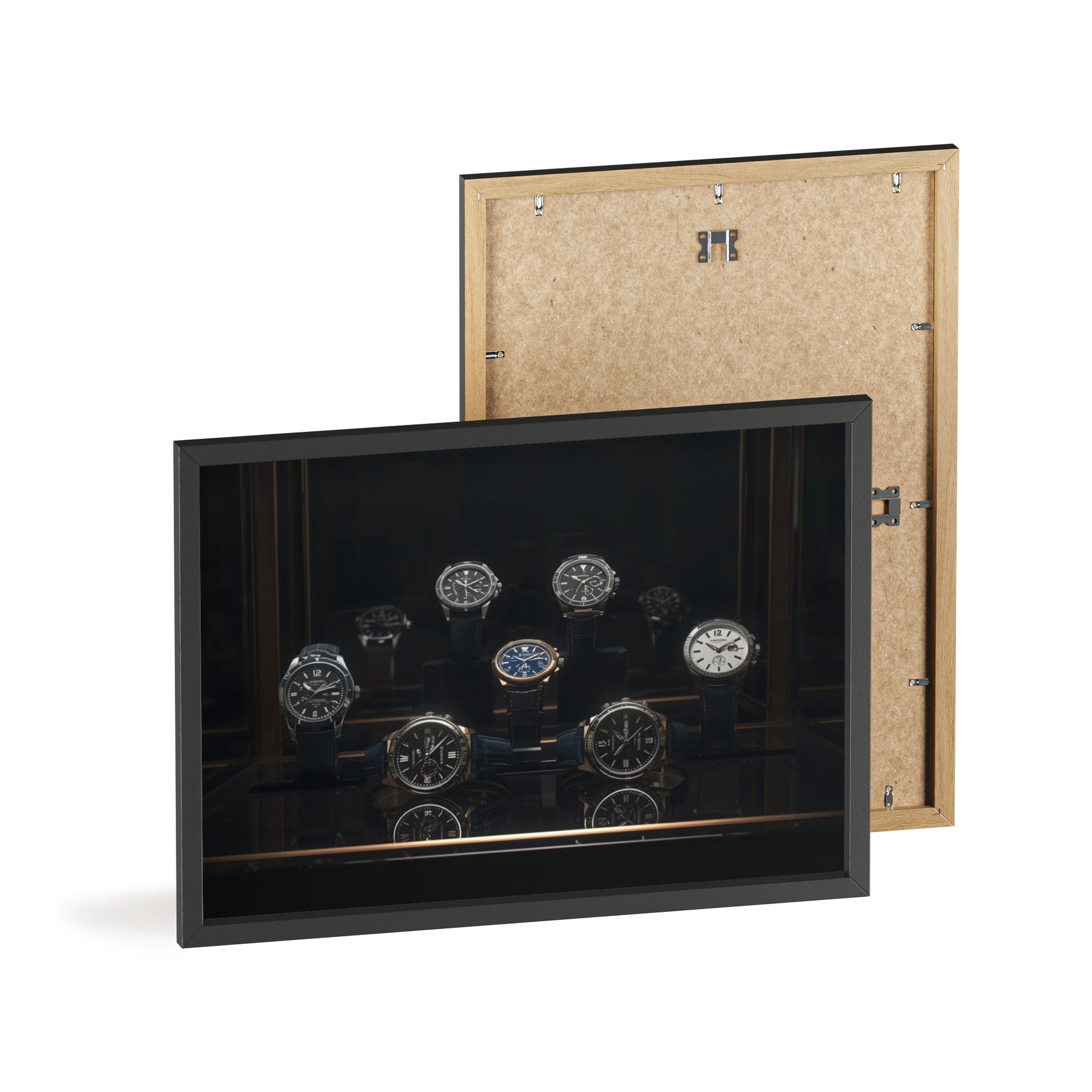 Black watch display case with open lid showing multiple watches, on a white background