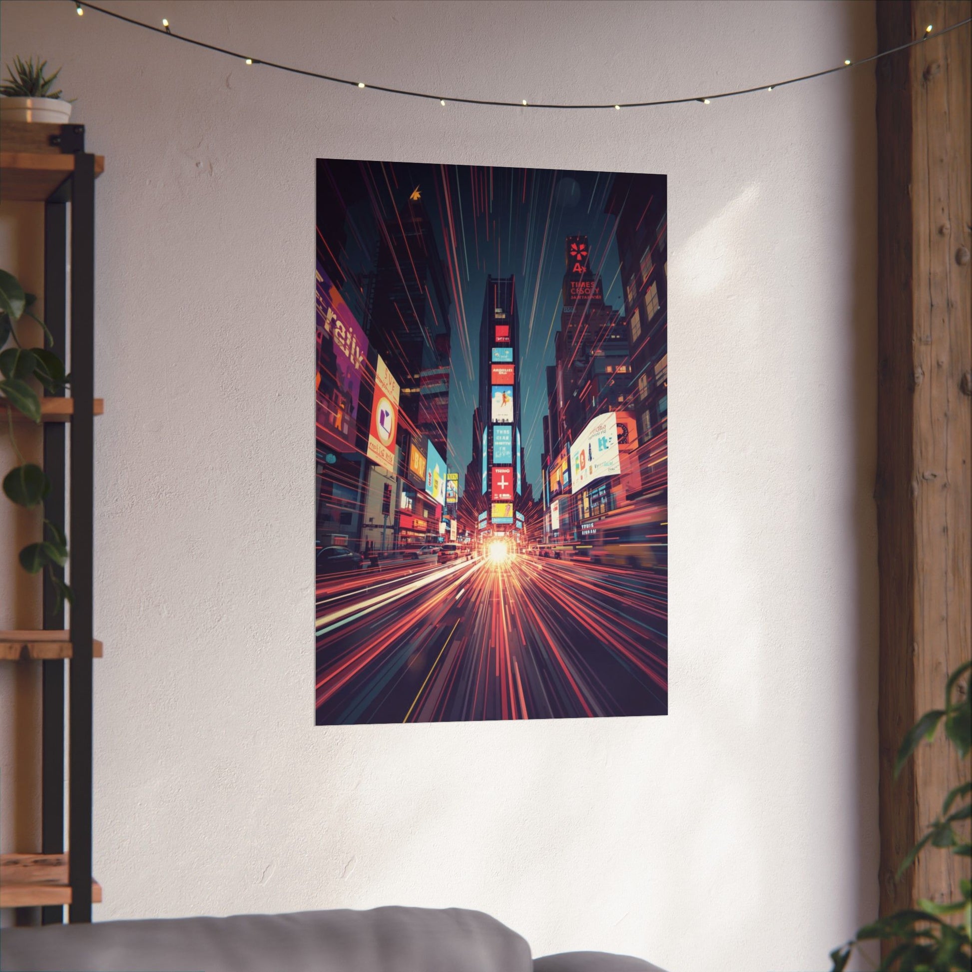 Cityscape tapestry with neon lights hanging on a wall in a room.