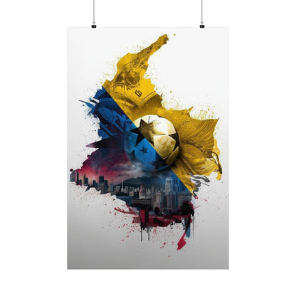 Colombian Map Tricolor Flag Football and Urban Skyline Matte Art Poster