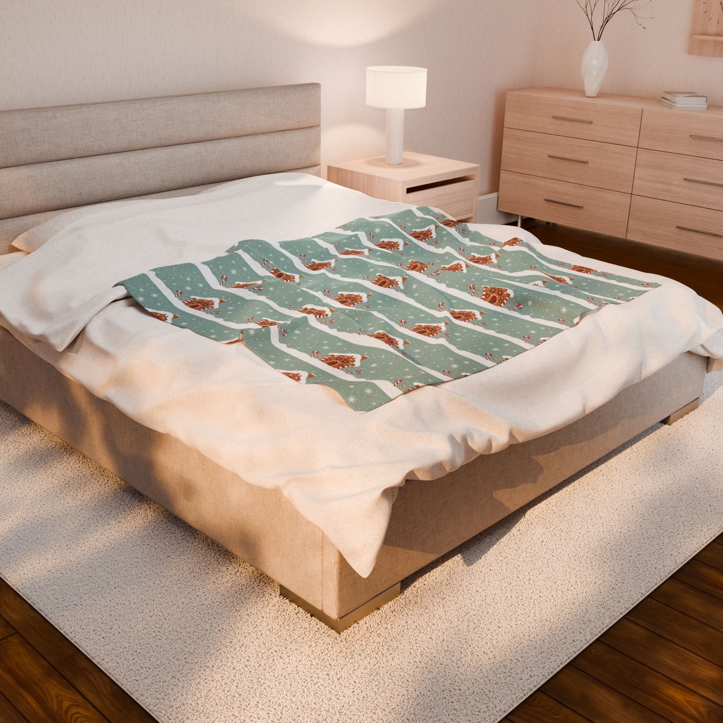 Bed with a patterned blanket in a bedroom setting