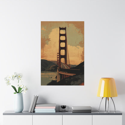 Poster of the Golden Gate Bridge on a wall above a shelf with decor items.