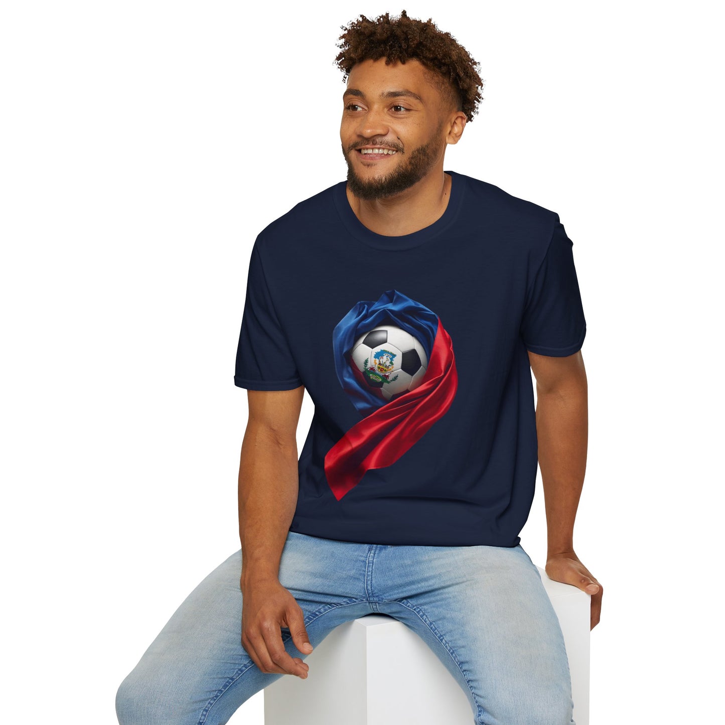 Haitian Soccer Ball T-shirt Enveloped in Flag Fabric with Coat of Arms Tee