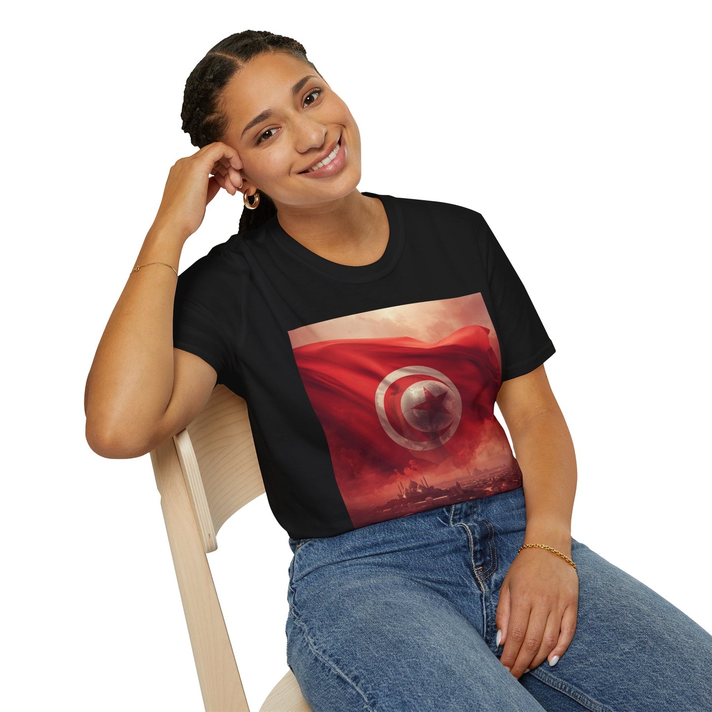 Tunisian Pride Football T-Shirt Cityscape & Waving Flag with Crescent Soccer Ball Tee