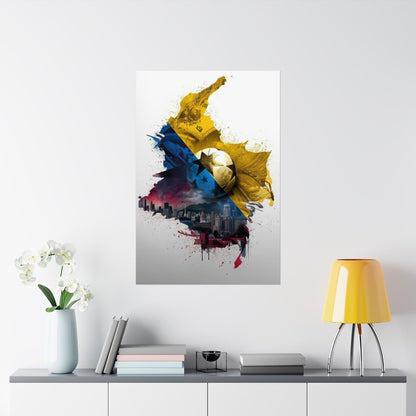 Colombian Map Tricolor Flag Football and Urban Skyline Matte Art Poster