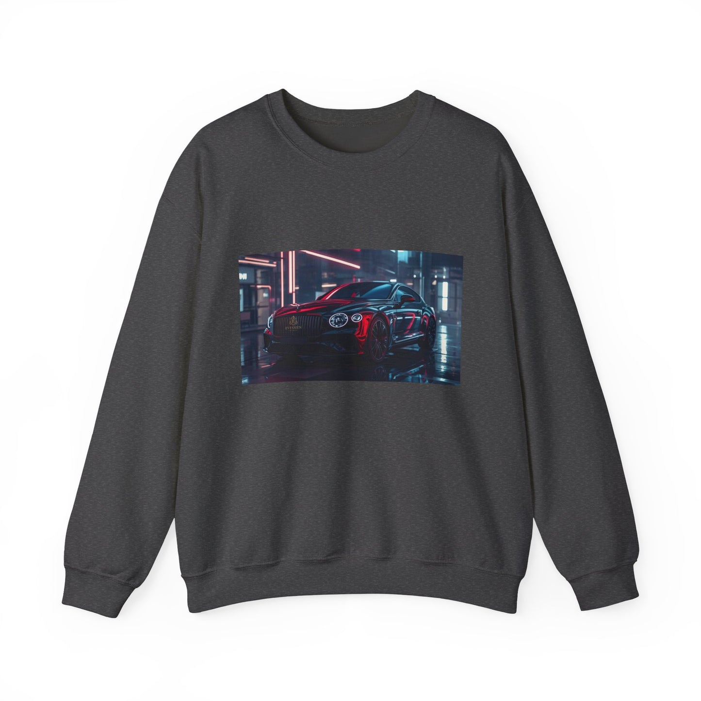 Dark gray sweatshirt with a graphic of a car in a neon-lit garage on a white background
