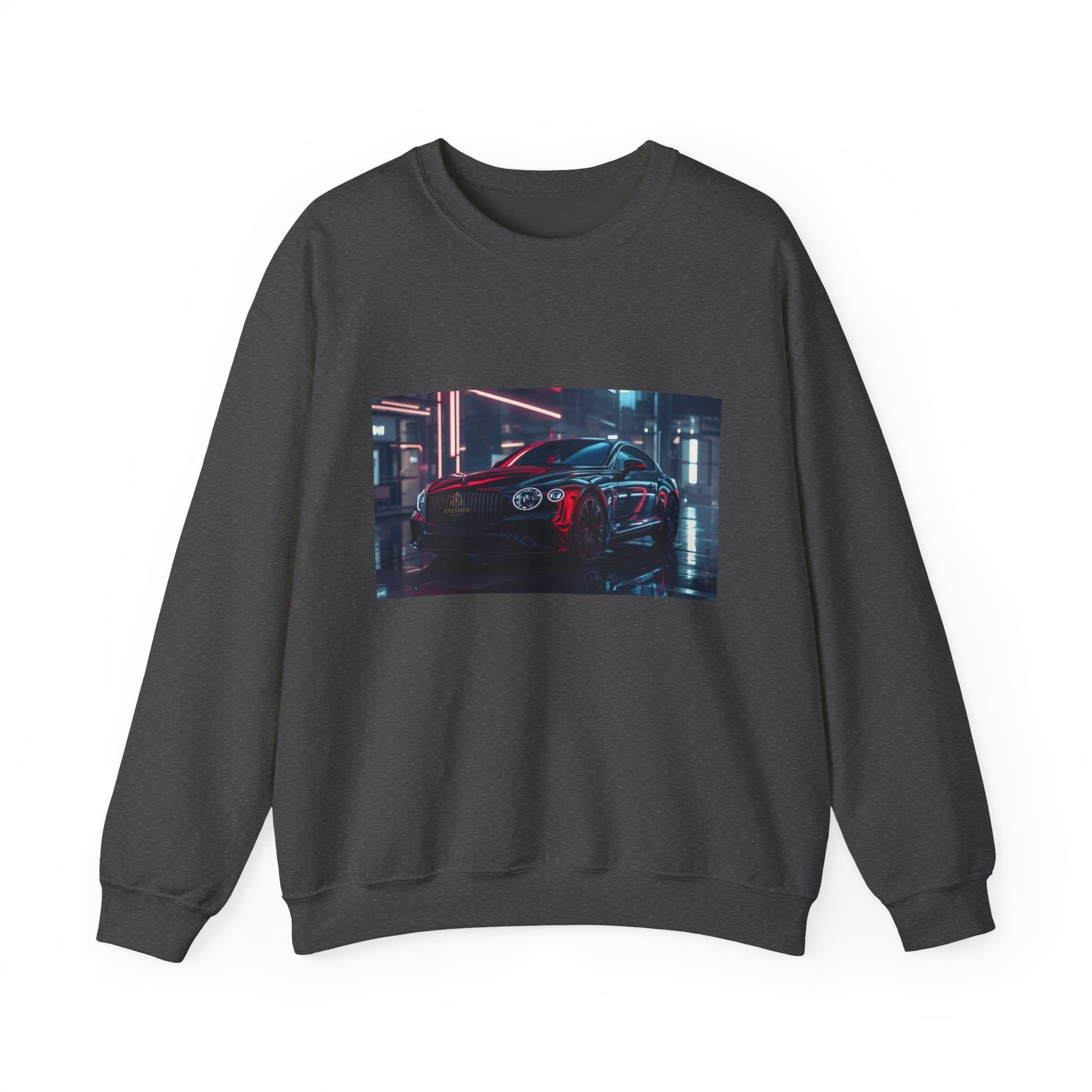 Dark gray sweatshirt with a graphic of a car in a neon-lit garage on a white background