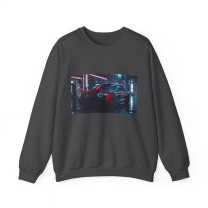 Dark gray sweatshirt with a graphic of a car in a neon-lit garage on a white background