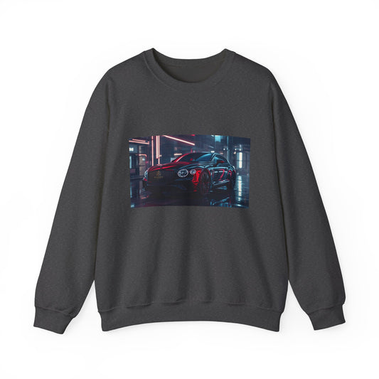 Dark gray sweatshirt with a graphic of a car in a neon-lit garage on a white background