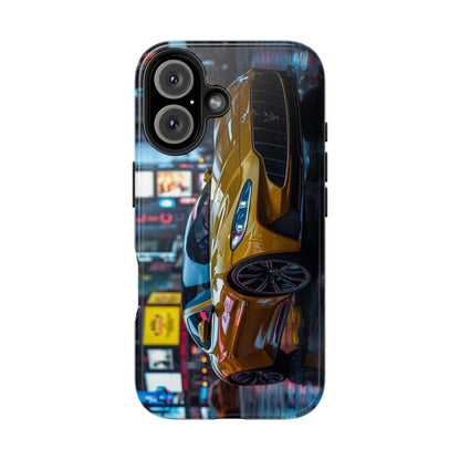 Phone case with a yellow car design on a colorful cityscape background