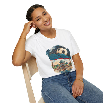 Uzbekistan Football Pride T-shirt Historic Madrasa and Vintage Soccer Ball Tee