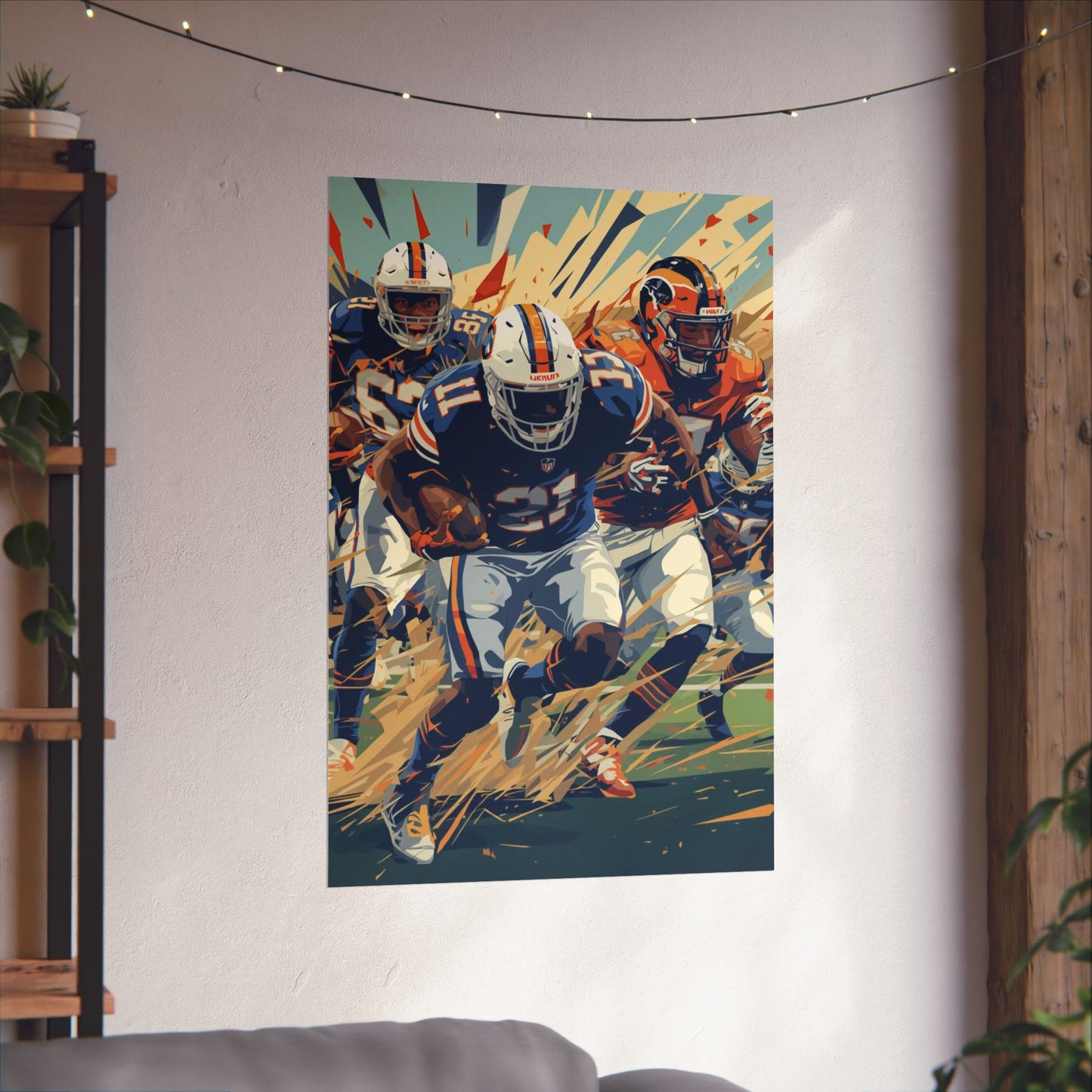 Colorful tapestry of football players hanging on a wall in a room with a couch and plants.