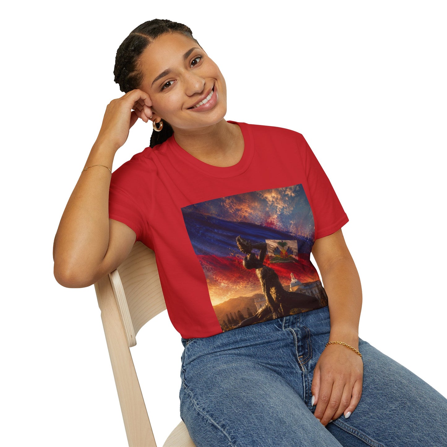 Haitian "Marron Inconnu" Sculpture T-Shirt — Spirit of Freedom & Flag Fan Tee