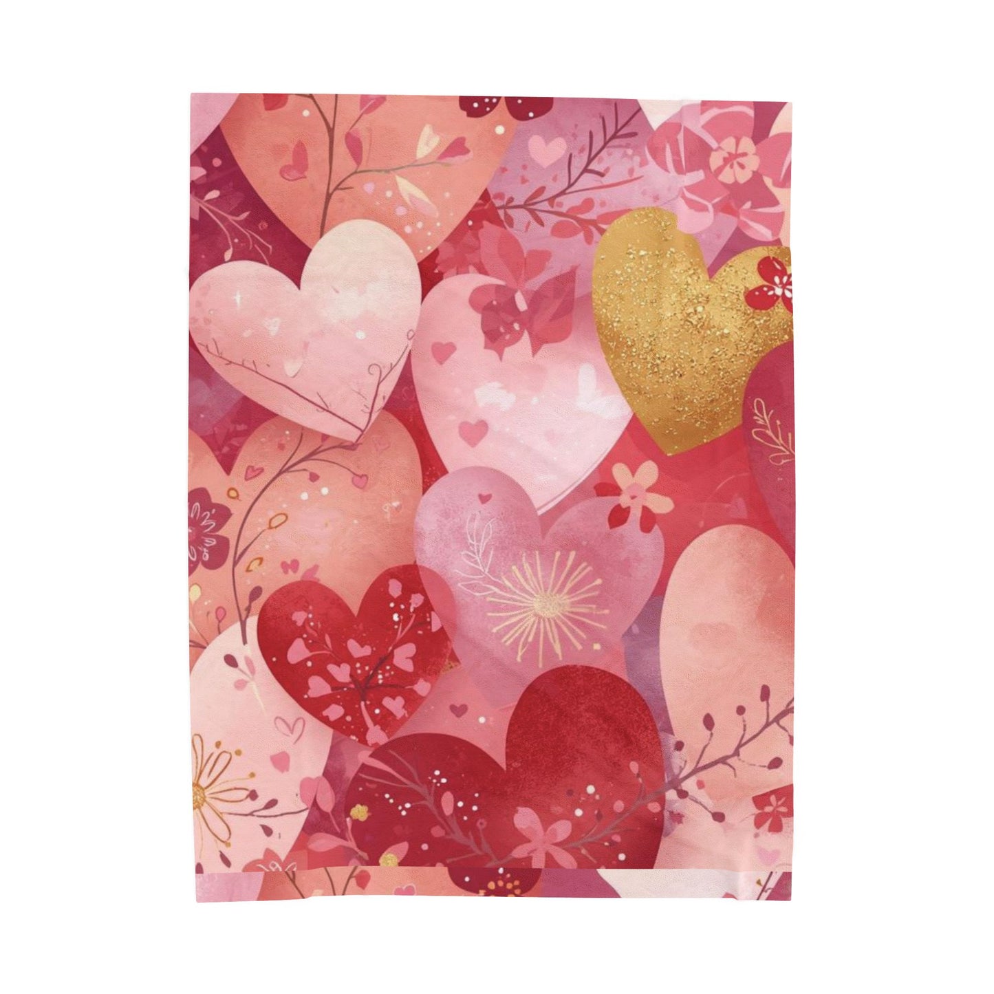 Valentine Heart Plush Blanket – Soft Pink & Gold Heart Pattern Velveteen Throw