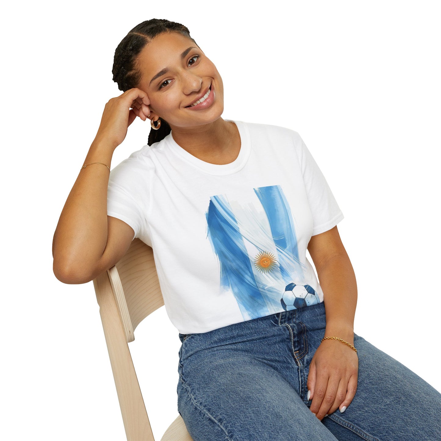 Argentina Flag Soccer T-Shirt — Watercolor Sun & Ball Design Tee