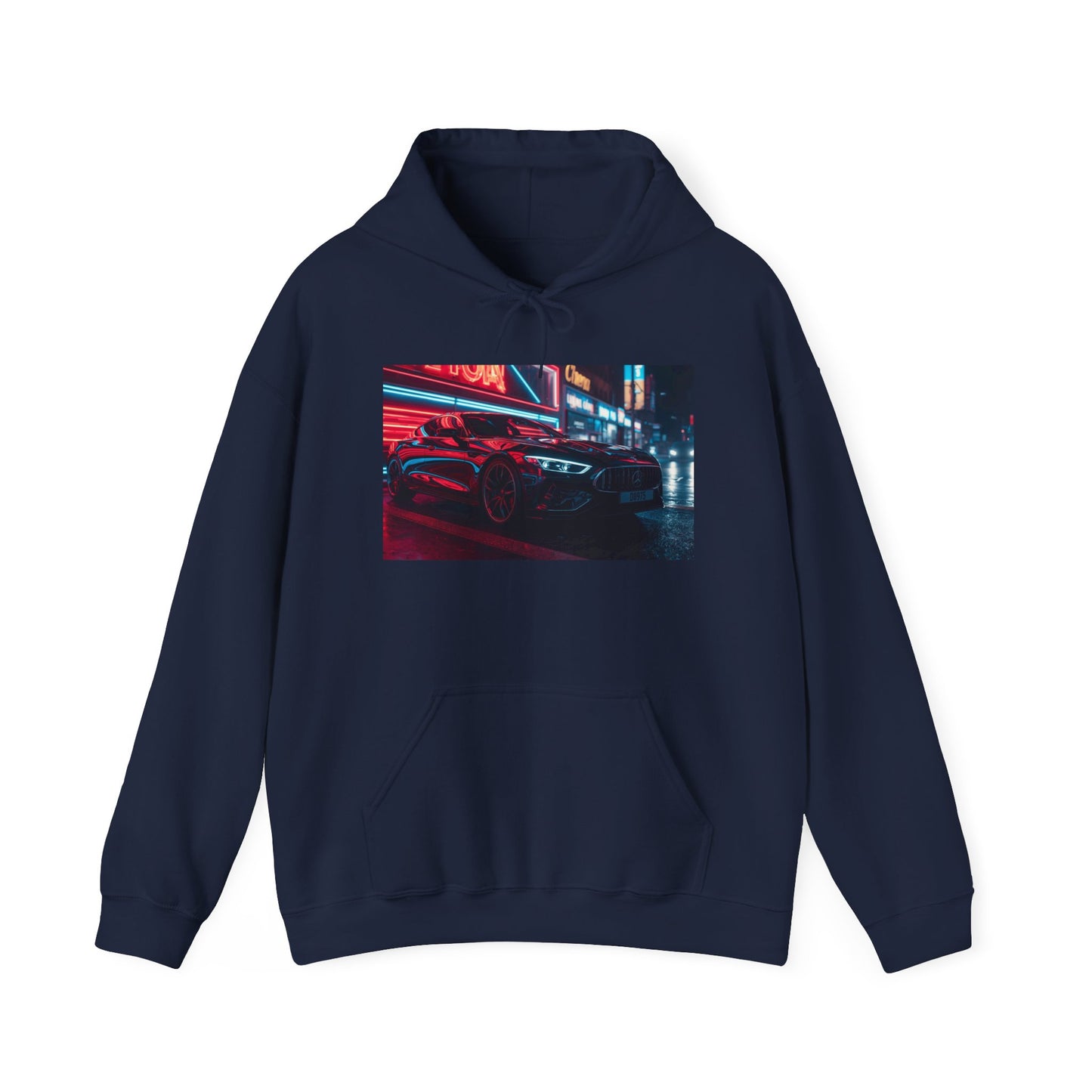 Navy blue hoodie with a graphic of a car under neon lights on a white background