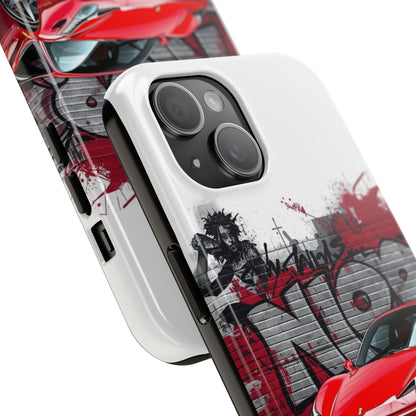 Phone case with red car design and graphic elements on a white background