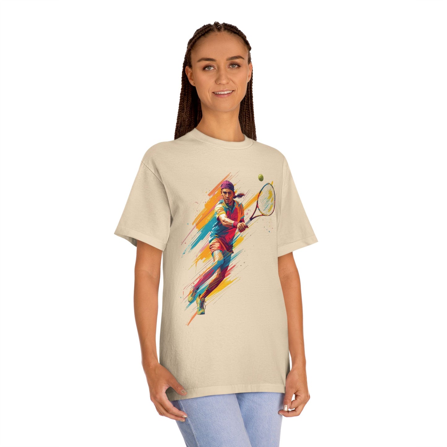 Tennis Player Graphic Tee — Colorful Action Racquet Design Shirt