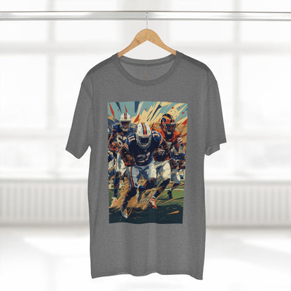 Gray t-shirt with a colorful graphic of football players on a hanger against a white background