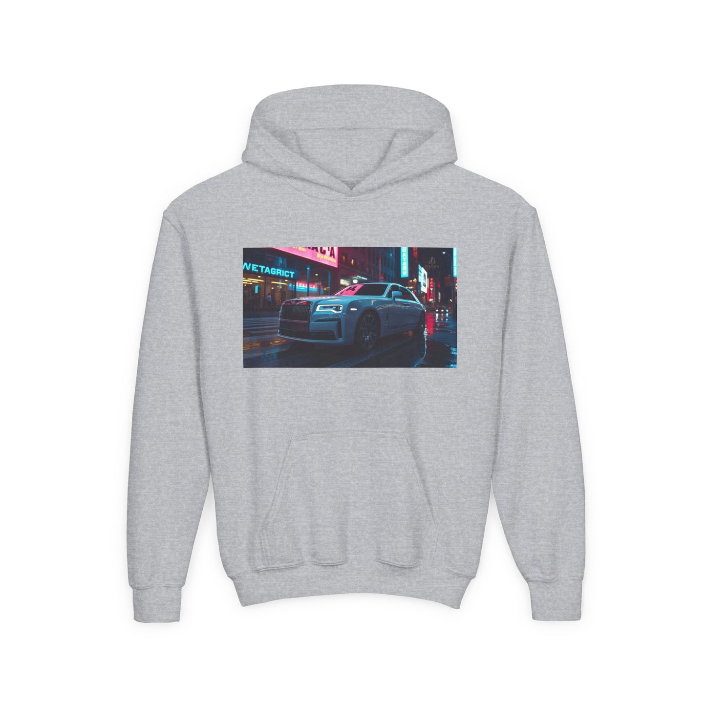 Gray hoodie with a graphic of a car on a city street at night.