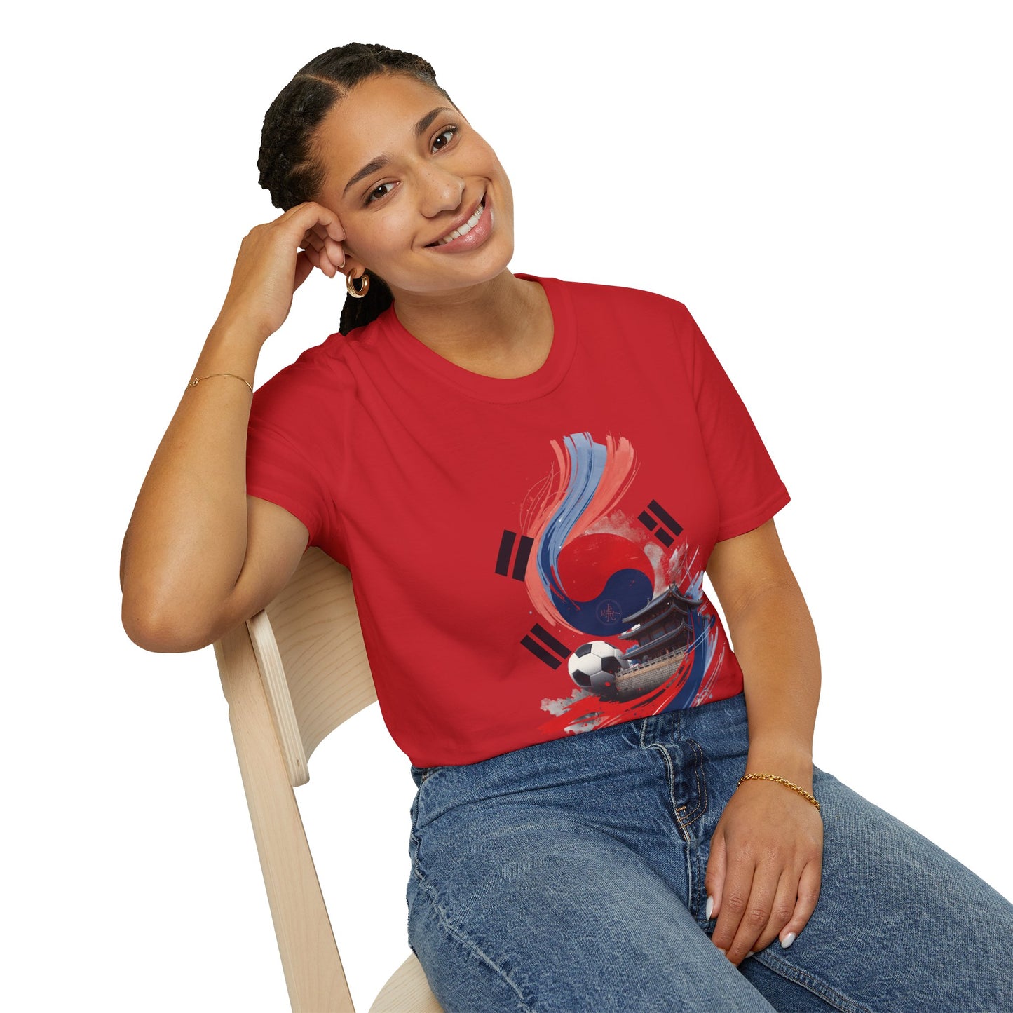 South Korea Flag Soccer T-Shirt — Taeguk & Hanok Brushstroke Design Tee