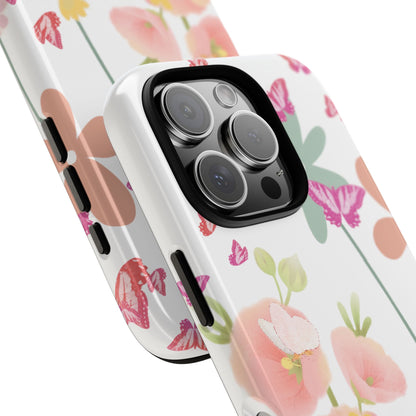 Phone case with floral and butterfly design on a white background