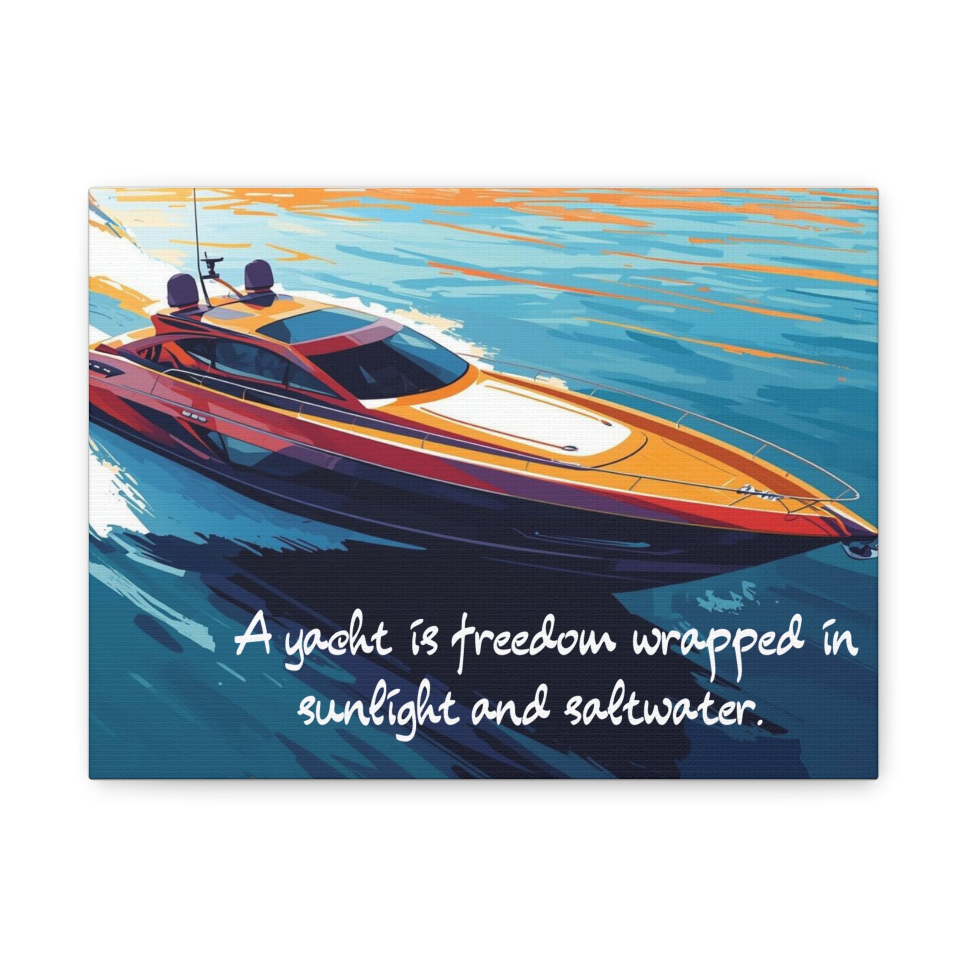 Colorful yacht canvas wall art with a quote on a white background