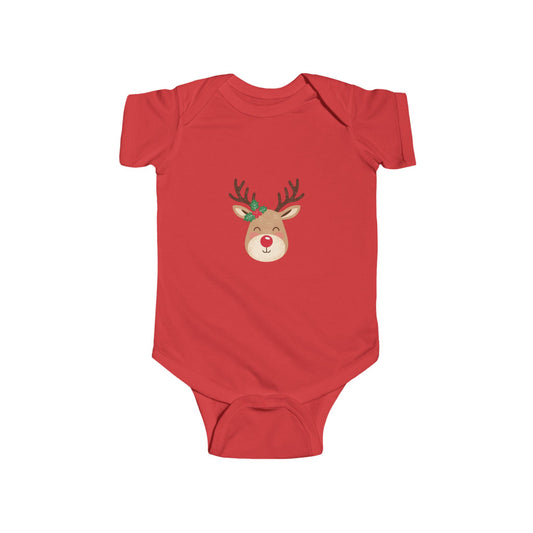 Red baby onesie with a reindeer design on a white background