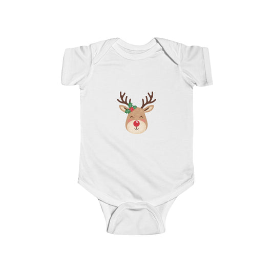 White baby onesie with a reindeer design on a white background