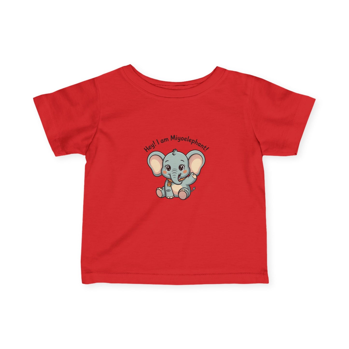 Red t-shirt with a cartoon elephant and text on a white background