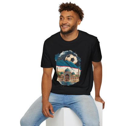Uzbekistan Football Pride T-shirt Historic Madrasa and Vintage Soccer Ball Tee