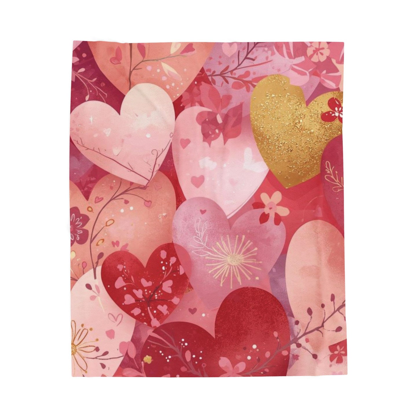 Valentine Heart Plush Blanket – Soft Pink & Gold Heart Pattern Velveteen Throw