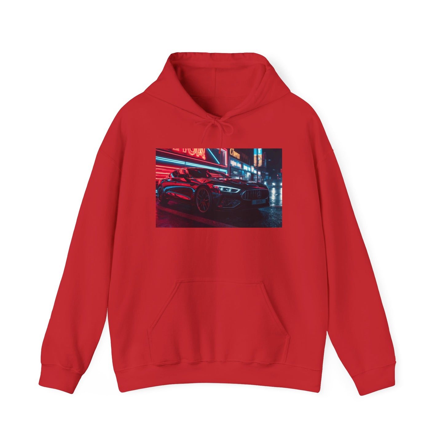 Red hoodie with a graphic of a car on a city street at night.