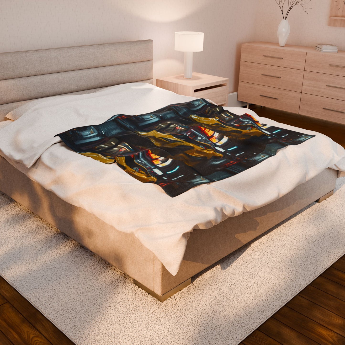 Bed with a colorful blanket in a bedroom setting
