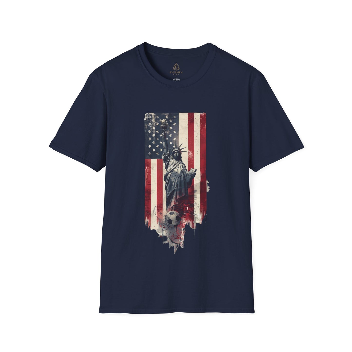Statue of Liberty American Flag Soccer T-Shirt — Patriotic USA Graphic Tee