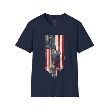 Statue of Liberty American Flag Soccer T-Shirt — Patriotic USA Graphic Tee