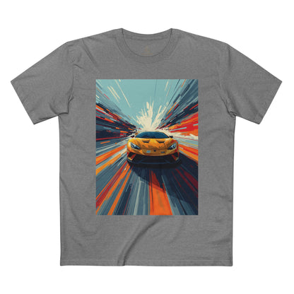 Gray t-shirt with a graphic of a yellow car on a white background