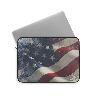 Laptop sleeve with vintage American flag design on a white background