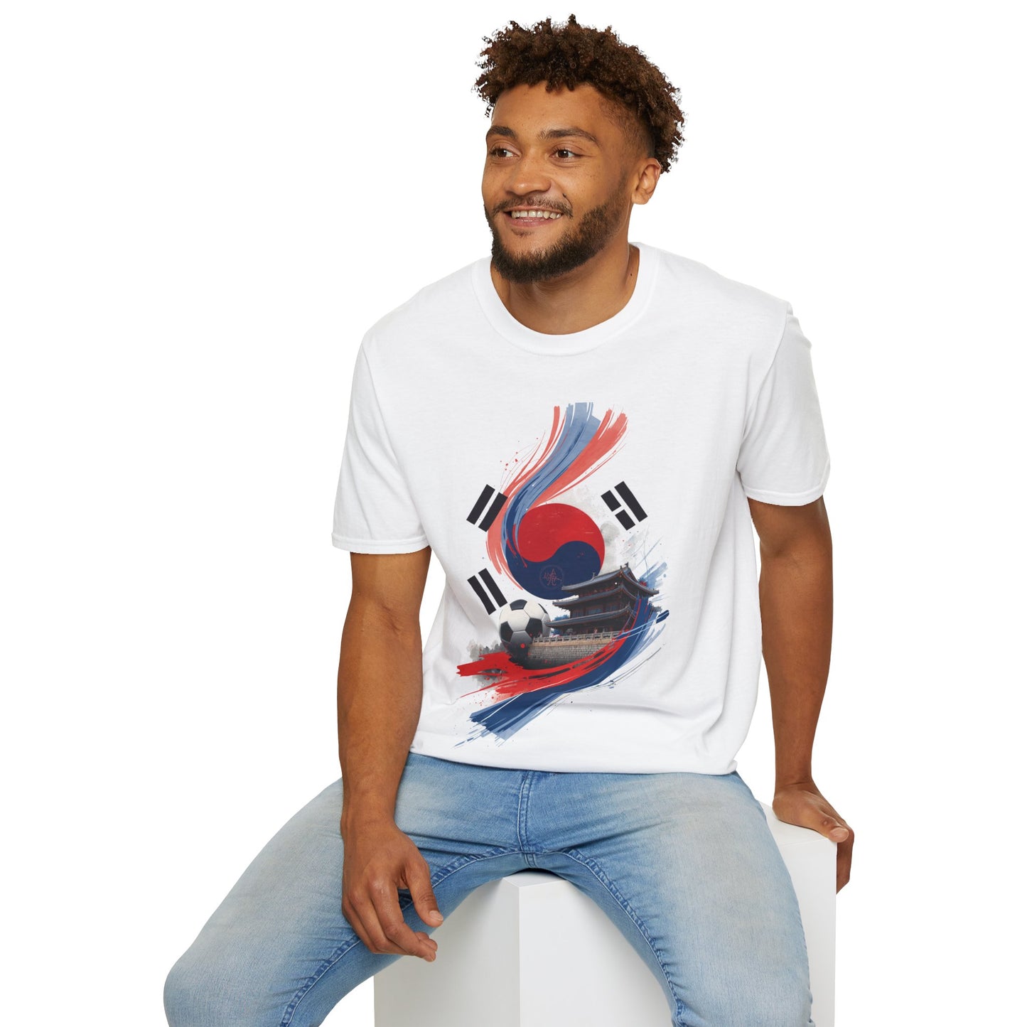South Korea Flag Soccer T-Shirt — Taeguk & Hanok Brushstroke Design Tee