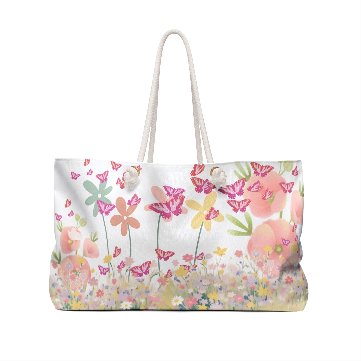 Floral-patterned tote bag on a white background
