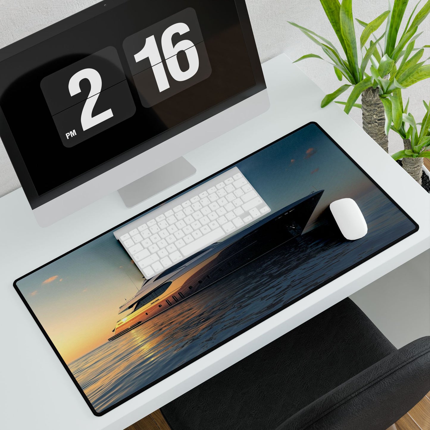 Desk setup with a computer monitor, keyboard, mouse, and large desk mat featuring a sunset over water.